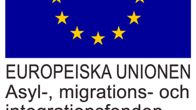 En rund cirkel av stjärnor mot en blå bakgrund vilket utgör EU-loggan. Bild: AMIF.